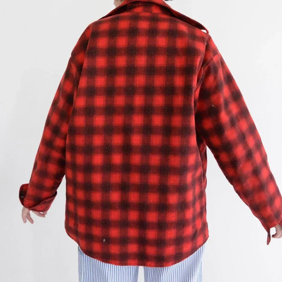 Vintage 70S Red & Black Buffalo Plaid Gorpcore Flannel Lined Button Up Shacket M - Picture 3 of 16